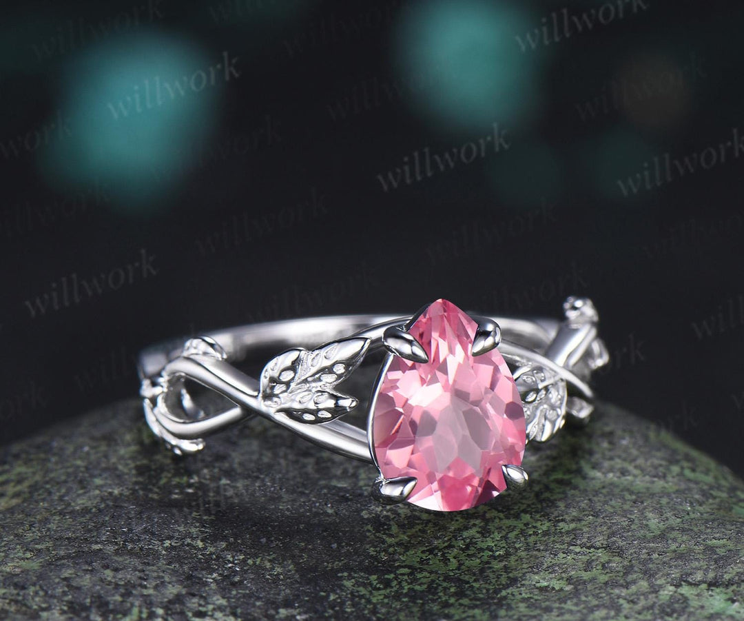 Pear shaped Padparadscha pink sapphire engagement ring vintage white gold leaf infinity solitaire bridal wedding ring women silver