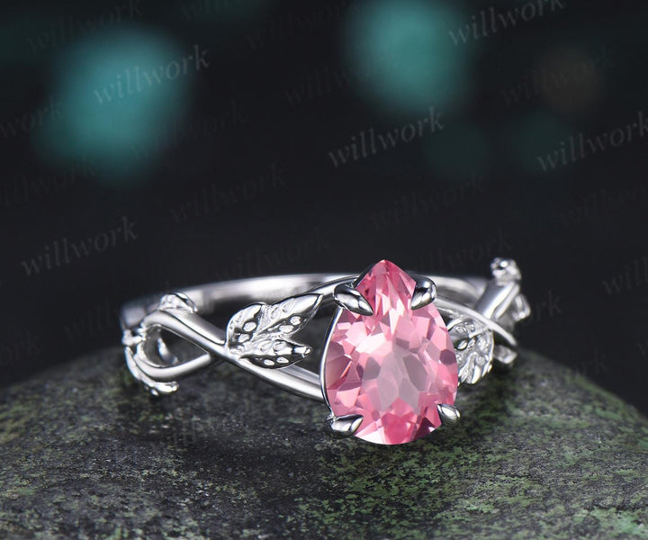 Pear shaped Padparadscha pink sapphire engagement ring vintage white gold leaf infinity solitaire bridal wedding ring women silver