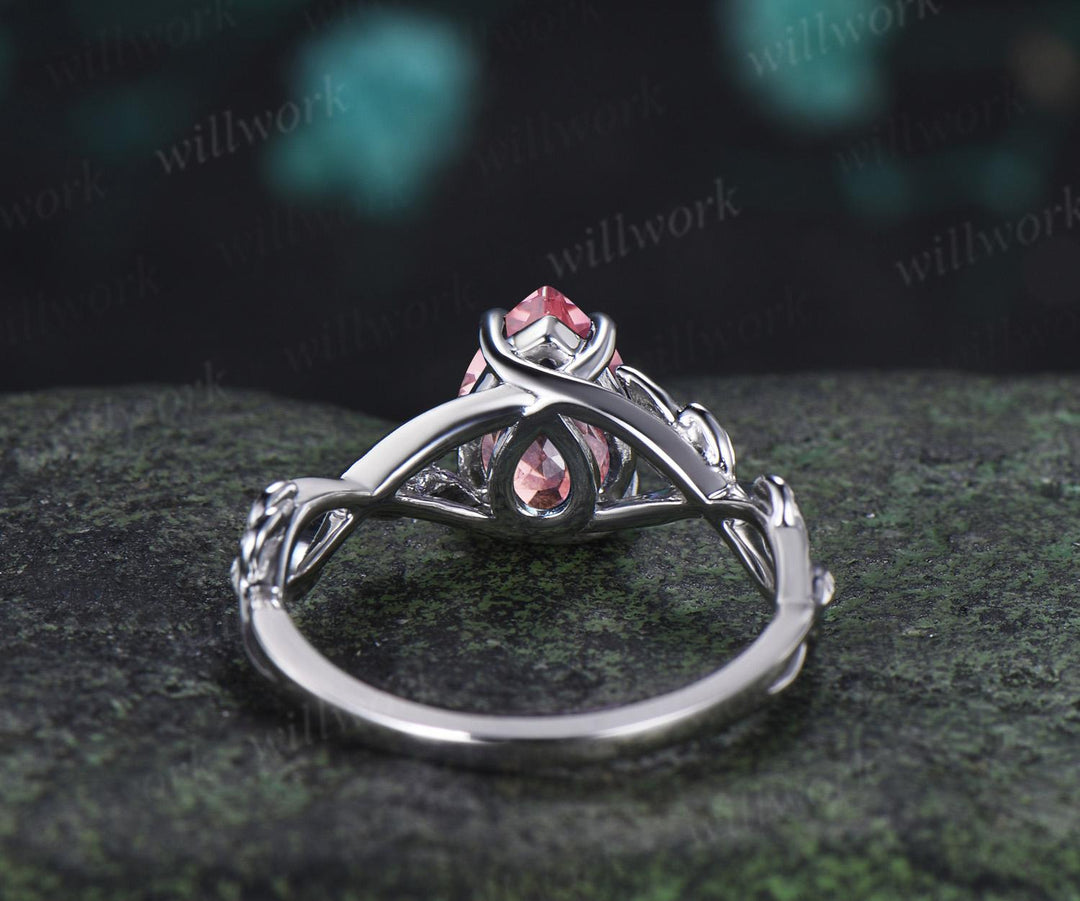 Pear shaped Padparadscha pink sapphire engagement ring vintage white gold leaf infinity solitaire bridal wedding ring women silver