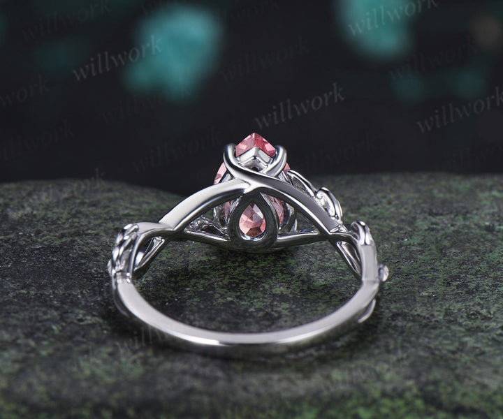 Pear shaped Padparadscha pink sapphire engagement ring vintage white gold leaf infinity solitaire bridal wedding ring women silver