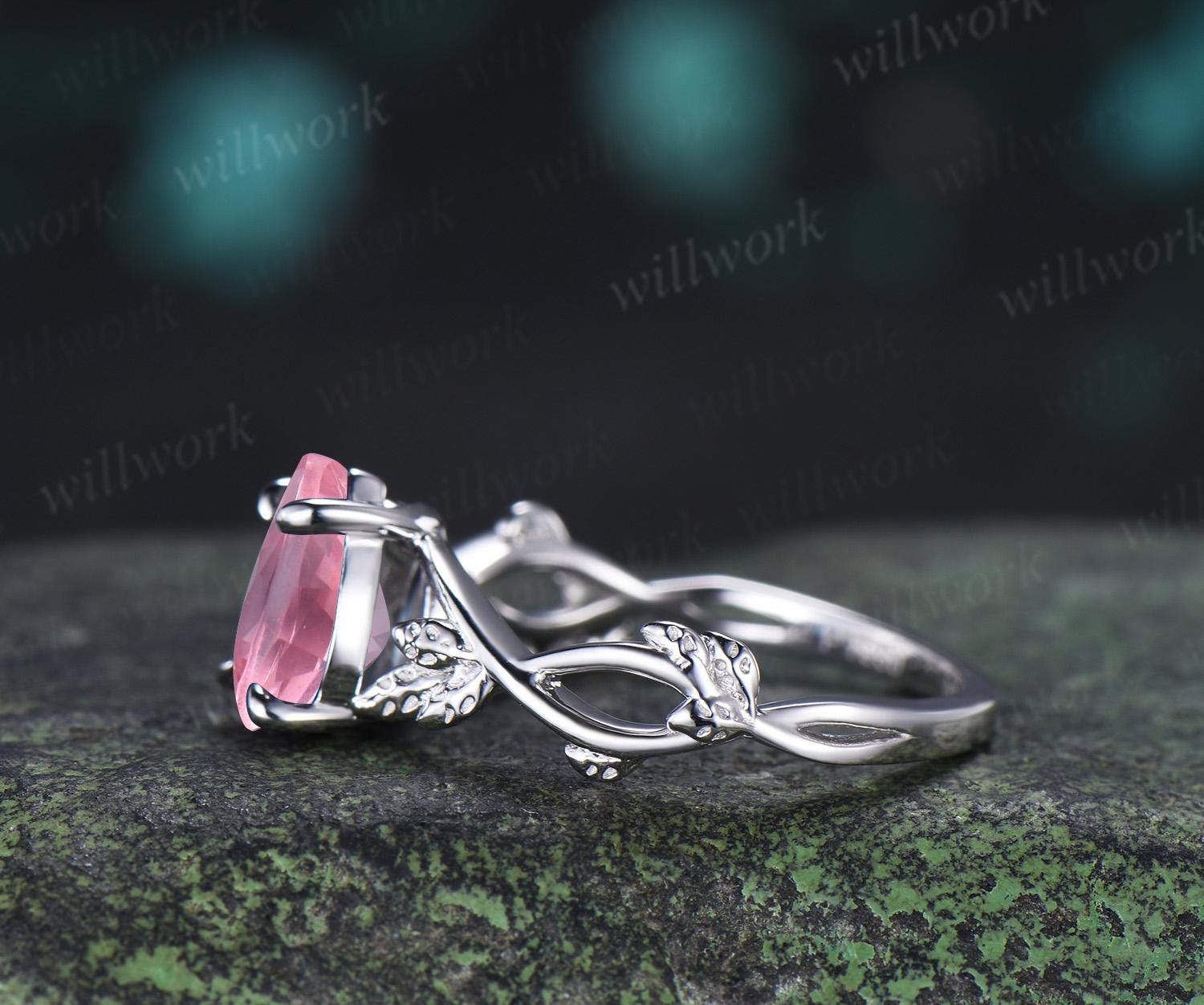 Pear shaped Padparadscha pink sapphire engagement ring vintage