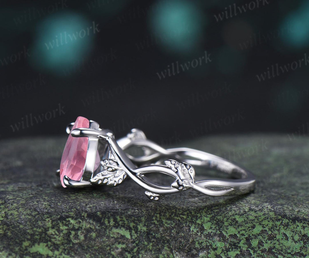 Pear shaped Padparadscha pink sapphire engagement ring vintage white gold leaf infinity solitaire bridal wedding ring women silver