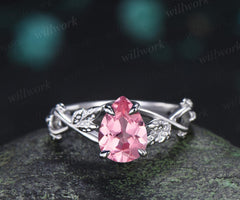 Pear shaped Padparadscha pink sapphire engagement ring vintage white gold leaf infinity solitaire bridal wedding ring women silver