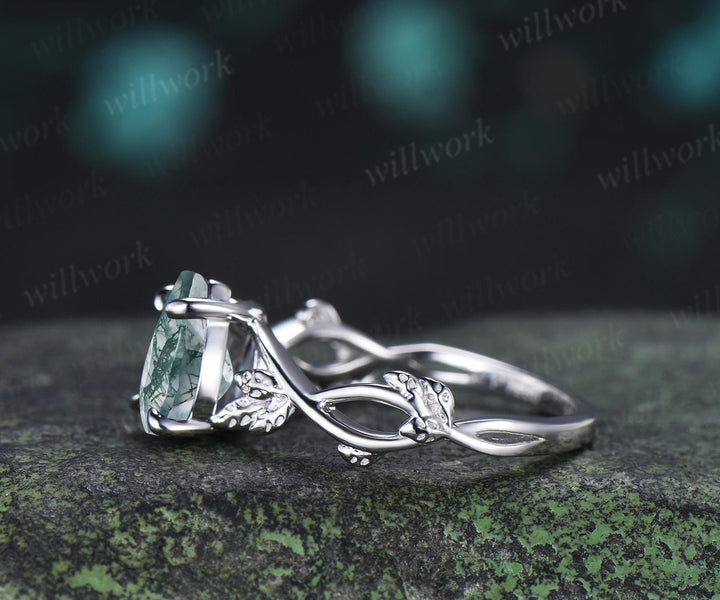 Pear shaped green moss agate engagement ring vintage 14k white gold leaf infinity solitaire wedding ring women silver