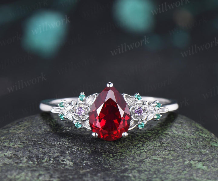 Teardrop pear cut red ruby engagement ring set solid 14k white gold floral leaf emerald amethyst ring vintage anniversary gift