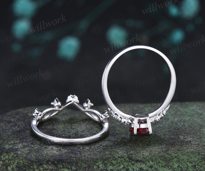 Teardrop pear cut red ruby engagement ring set solid 14k white gold floral leaf emerald amethyst ring vintage anniversary gift