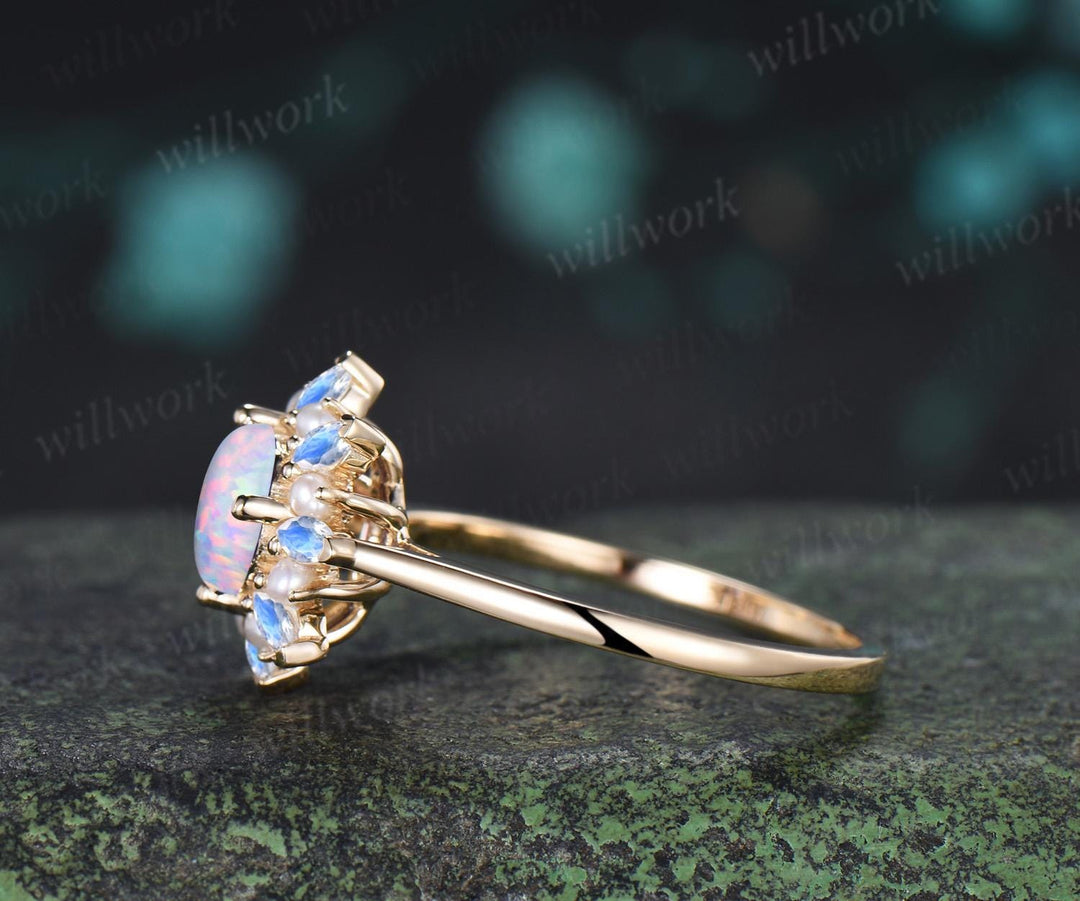 Round whtie opal engagement ring 14k yellow gold halo pearl marquise moonstone ring vintage floral wedding ring women jewelry