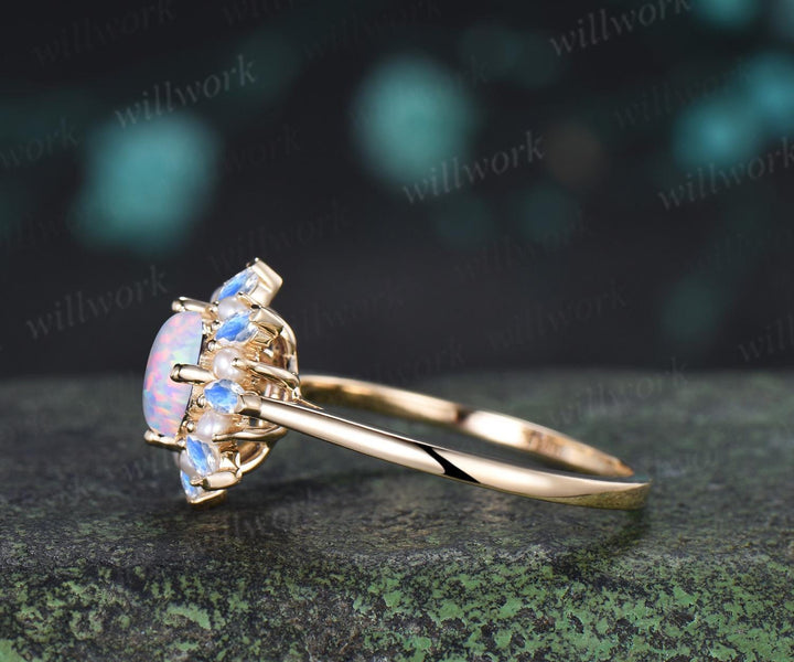 Round whtie opal engagement ring 14k yellow gold halo pearl marquise moonstone ring vintage floral wedding ring women jewelry