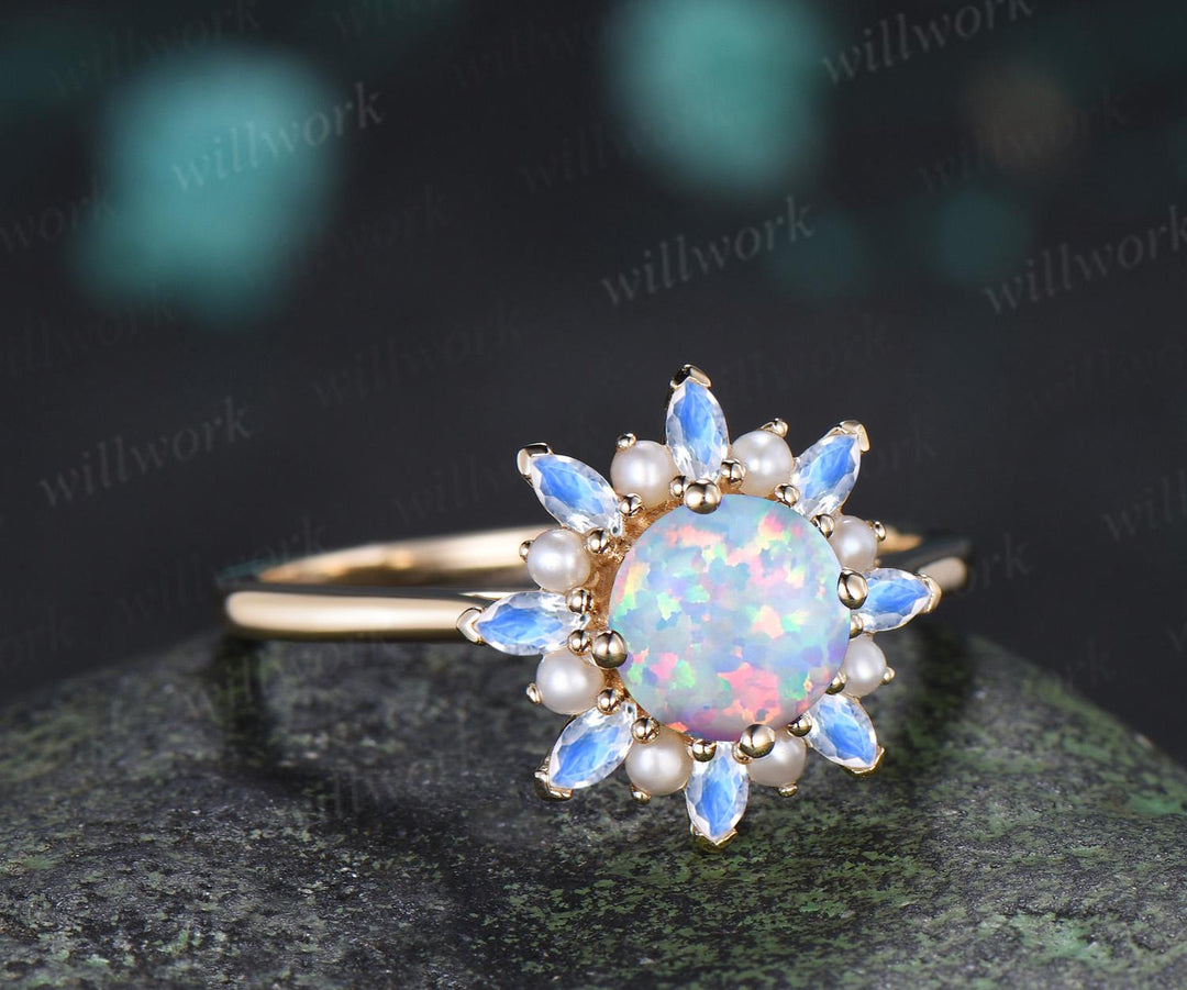 Round whtie opal engagement ring 14k yellow gold halo pearl marquise moonstone ring vintage floral wedding ring women jewelry