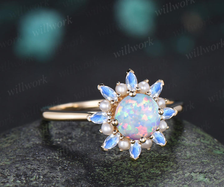 Round whtie opal engagement ring 14k yellow gold halo pearl marquise moonstone ring vintage floral wedding ring women jewelry