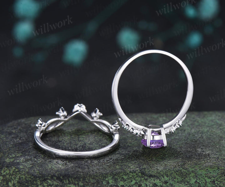 Teardrop pear fireworks cut purple amethyst engagement ring 14k white gold floral leaf emerald wedding bridal ring set anniversary gift