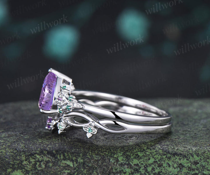 Teardrop pear fireworks cut purple amethyst engagement ring 14k white gold floral leaf emerald wedding bridal ring set anniversary gift