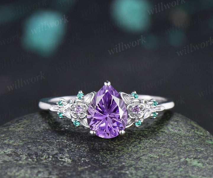 Teardrop pear fireworks cut purple amethyst engagement ring 14k white gold floral leaf emerald wedding bridal ring set anniversary gift