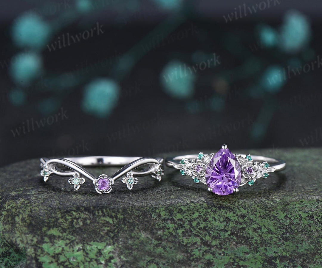 Teardrop pear fireworks cut purple amethyst engagement ring 14k white gold floral leaf emerald wedding bridal ring set anniversary gift