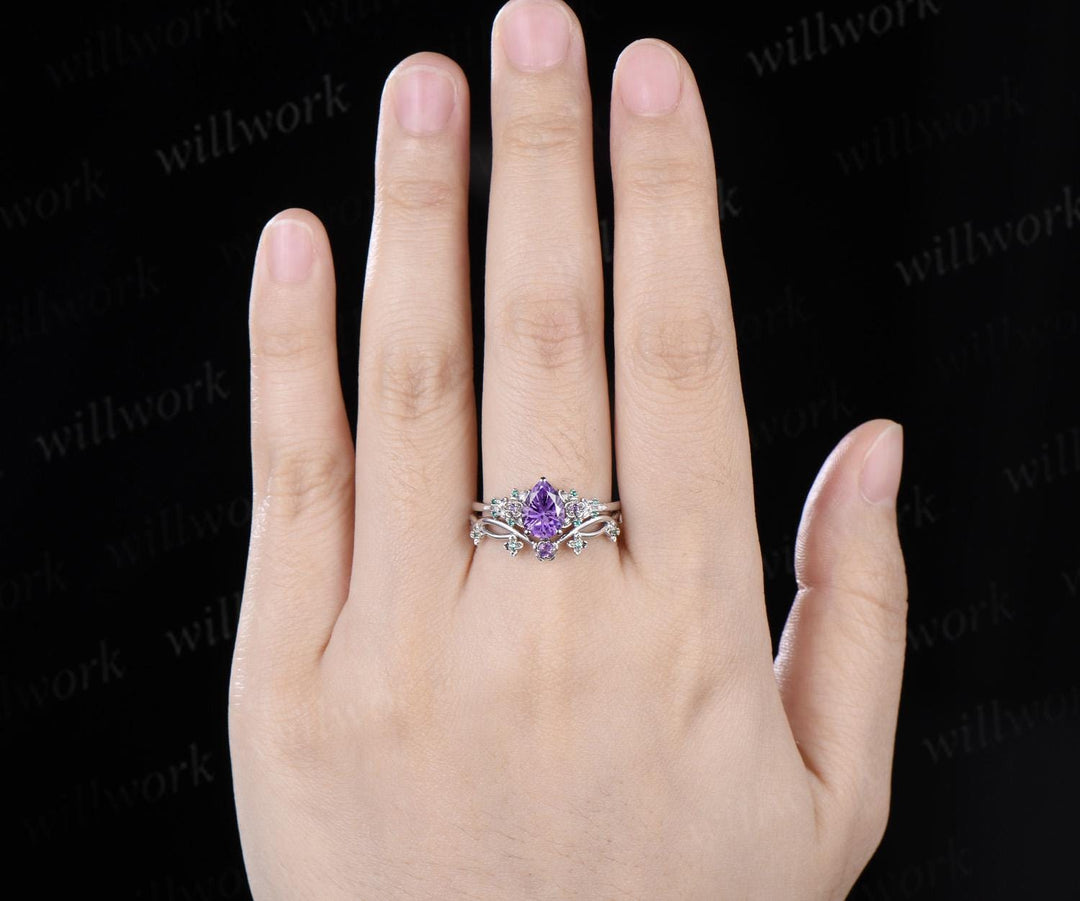 Teardrop pear fireworks cut purple amethyst engagement ring 14k white gold floral leaf emerald wedding bridal ring set anniversary gift