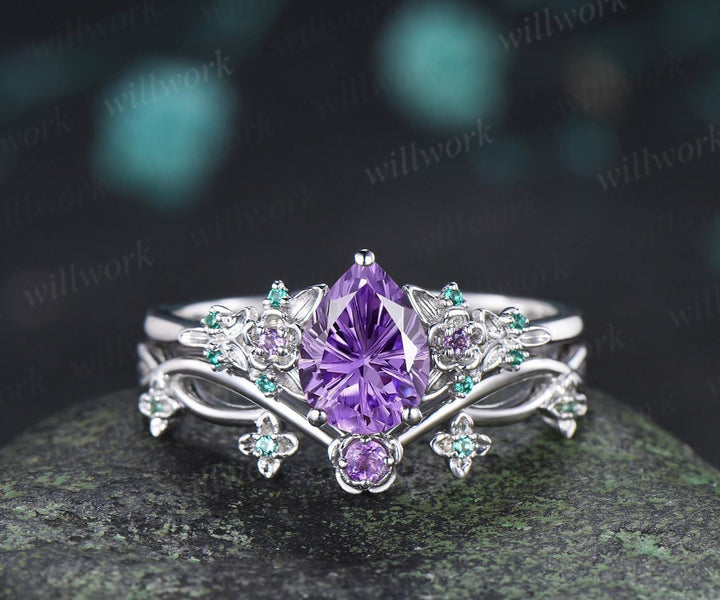 Teardrop pear fireworks cut purple amethyst engagement ring 14k white gold floral leaf emerald wedding bridal ring set anniversary gift