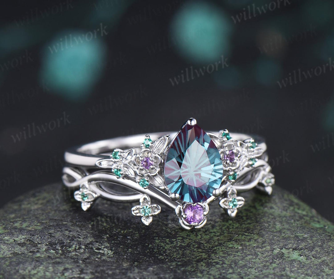 Teardrop pear fireworks cut alexandrite engagement ring 14k white gold floral leaf emerald wedding bridal ring set anniversary gift