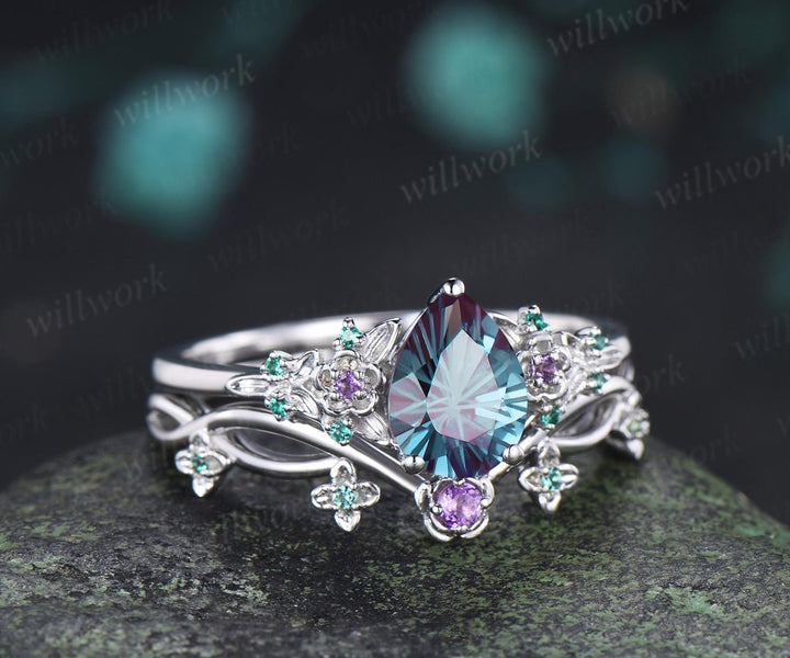 Teardrop pear fireworks cut alexandrite engagement ring 14k white gold floral leaf emerald wedding bridal ring set anniversary gift