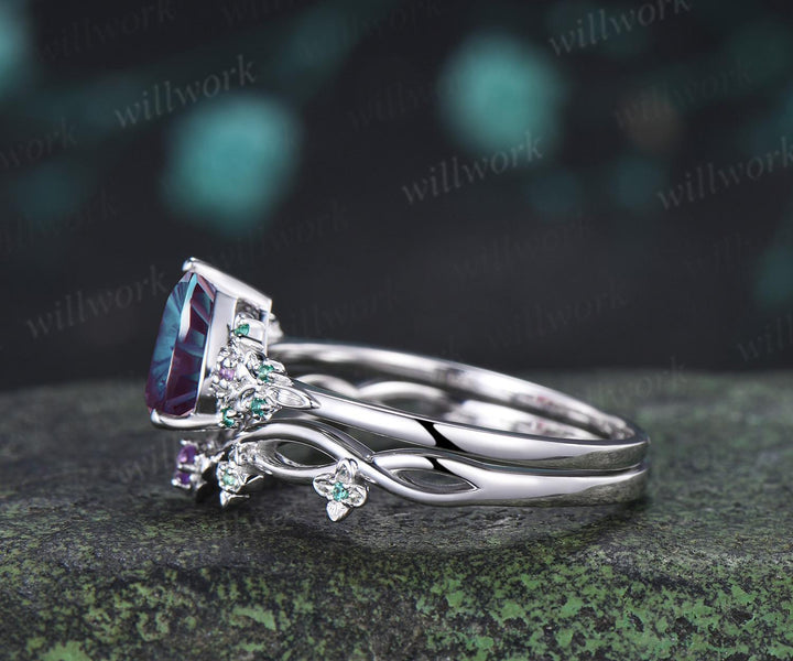 Teardrop pear fireworks cut alexandrite engagement ring 14k white gold floral leaf emerald wedding bridal ring set anniversary gift