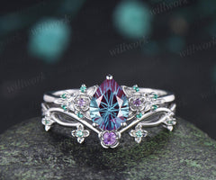 Teardrop pear fireworks cut alexandrite engagement ring 14k white gold floral leaf emerald wedding bridal ring set anniversary gift