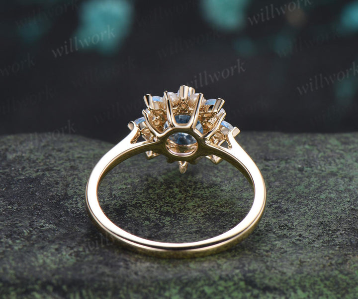 Round cut aquamarine engagement ring 14k yellow gold halo pearl marquise moonstone ring vintage floral wedding ring women jewelry