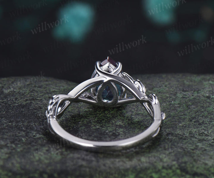 Pear shaped alexandrite engagement ring vintage 14k white gold leaf infinity solitaire promise wedding ring women silver
