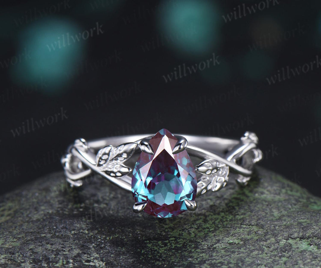 Pear shaped alexandrite engagement ring vintage 14k white gold leaf infinity solitaire promise wedding ring women silver