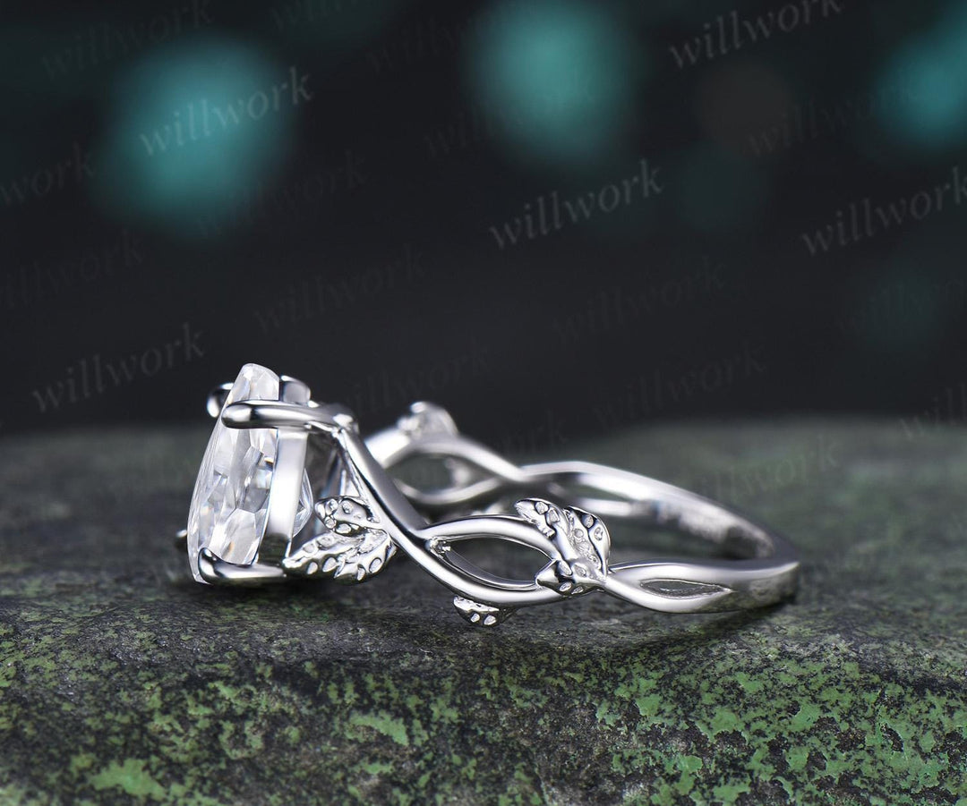 Pear teardrop lab grown diamond engagement ring leaf solitaire vintage wedding promise ring women 14k white gold