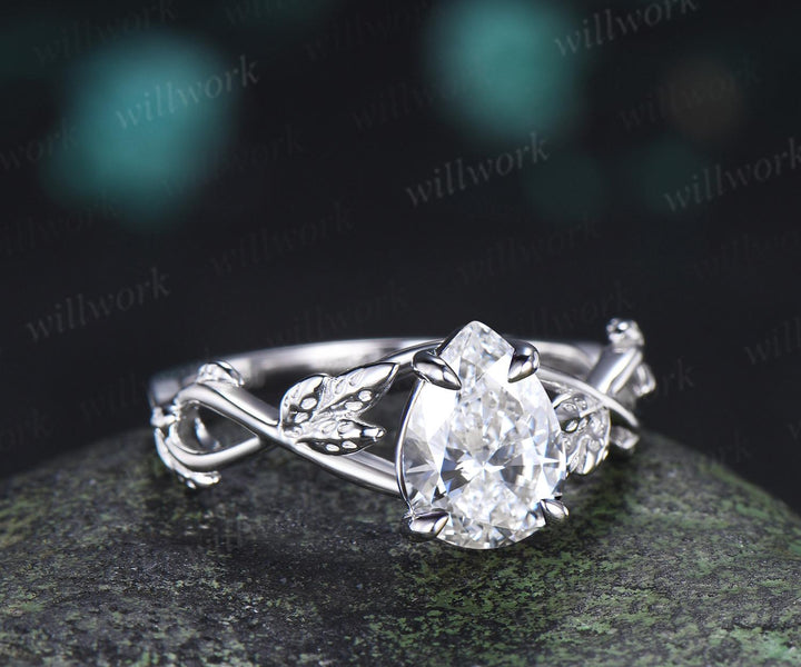 Pear teardrop lab grown diamond engagement ring leaf solitaire vintage wedding promise ring women 14k white gold