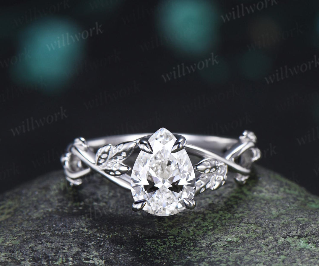 Pear teardrop lab grown diamond engagement ring leaf solitaire vintage wedding promise ring women 14k white gold