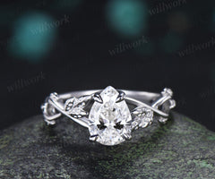 Pear teardrop lab grown diamond engagement ring leaf solitaire vintage wedding promise ring women 14k white gold