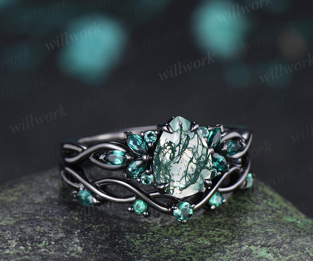 Teardrop pear cut green moss agate engagement ring 14k black gold cluster emerald infinity bridal anniversary ring set gift for women silver
