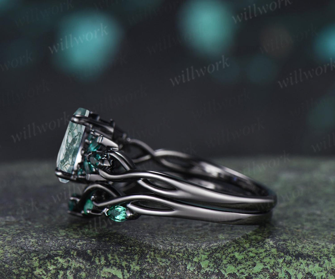 Teardrop pear cut green moss agate engagement ring 14k black gold cluster emerald infinity bridal anniversary ring set gift for women silver
