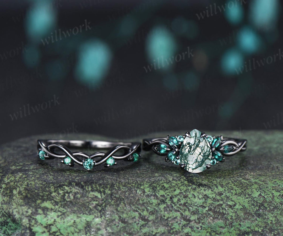 Teardrop pear cut green moss agate engagement ring 14k black gold cluster emerald infinity bridal anniversary ring set gift for women silver