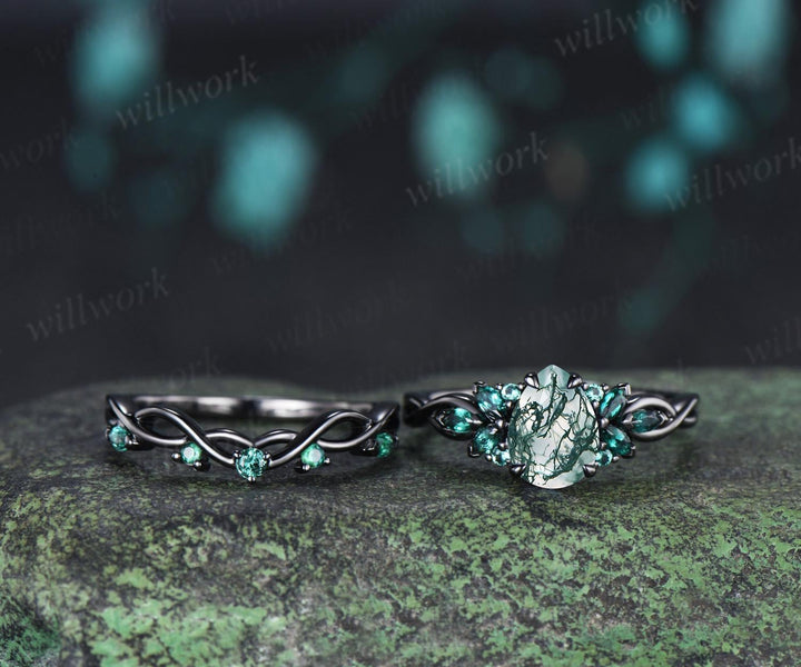 Teardrop pear cut green moss agate engagement ring 14k black gold cluster emerald infinity bridal anniversary ring set gift for women silver