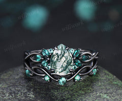 Teardrop pear cut green moss agate engagement ring 14k black gold cluster emerald infinity bridal anniversary ring set gift for women silver
