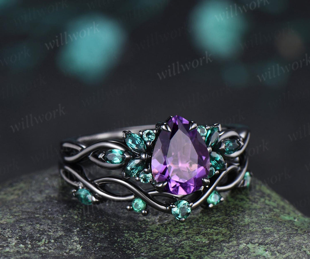 Pear cut purple amethyst engagement ring 14k black gold cluster emerald infinity bridal anniversary ring set gift for women silver