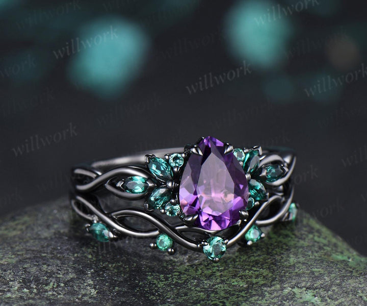 Pear cut purple amethyst engagement ring 14k black gold cluster emerald infinity bridal anniversary ring set gift for women silver