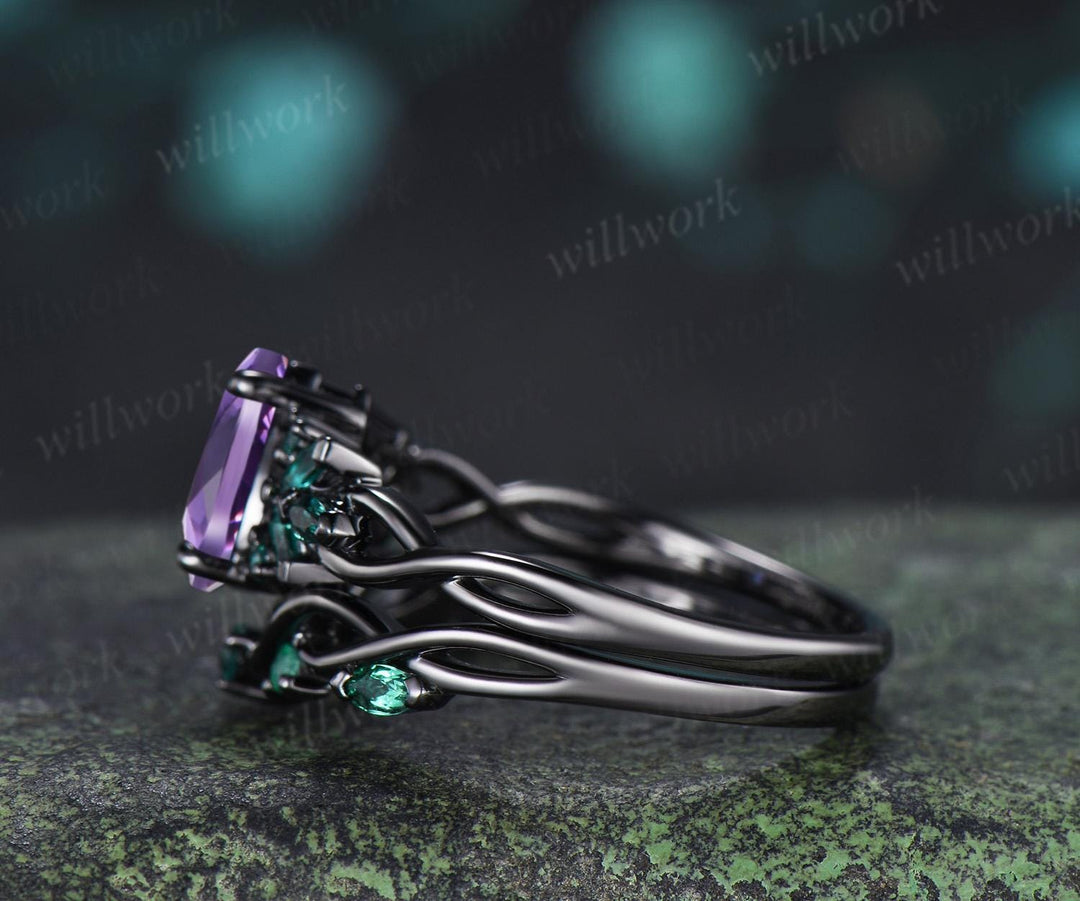Pear cut purple amethyst engagement ring 14k black gold cluster emerald infinity bridal anniversary ring set gift for women silver