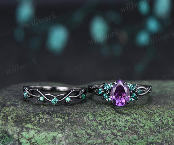 Pear cut purple amethyst engagement ring 14k black gold cluster emerald infinity bridal anniversary ring set gift for women silver