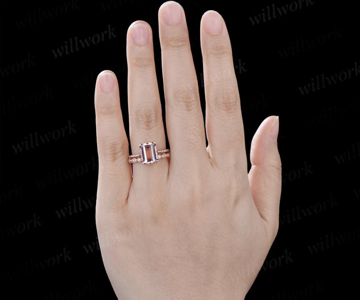 3ct emerald cut morganite engagement ring solid 14k rose gold art deco half eternity diamond promise bridal ring set women jewelry