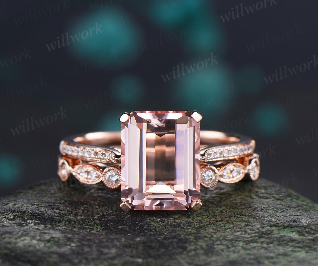 3ct emerald cut morganite engagement ring solid 14k rose gold art deco half eternity diamond promise bridal ring set women jewelry