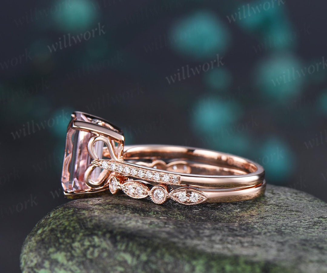 3ct emerald cut morganite engagement ring solid 14k rose gold art deco half eternity diamond promise bridal ring set women jewelry