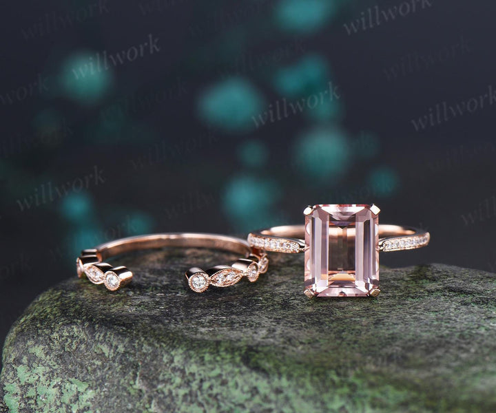 3ct emerald cut morganite engagement ring solid 14k rose gold art deco half eternity diamond promise bridal ring set women jewelry