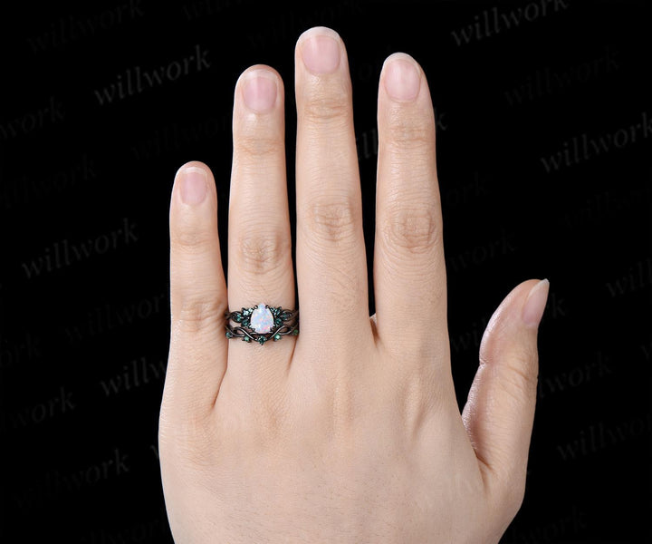 Pear cut white opal engagement ring 14k black gold cluster emerald infinity bridal anniversary ring set gift for women silver