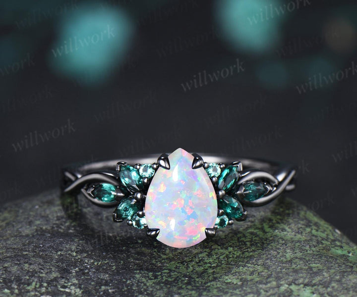 Pear cut white opal engagement ring 14k black gold cluster emerald infinity bridal anniversary ring set gift for women silver