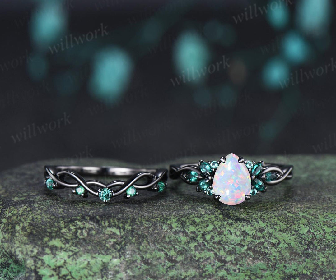 Pear cut white opal engagement ring 14k black gold cluster emerald infinity bridal anniversary ring set gift for women silver