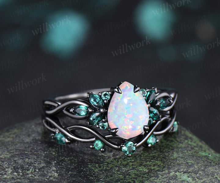 Pear cut white opal engagement ring 14k black gold cluster emerald infinity bridal anniversary ring set gift for women silver