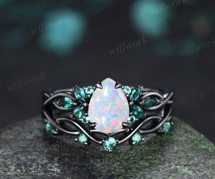 Pear cut white opal engagement ring 14k black gold cluster emerald infinity bridal anniversary ring set gift for women silver