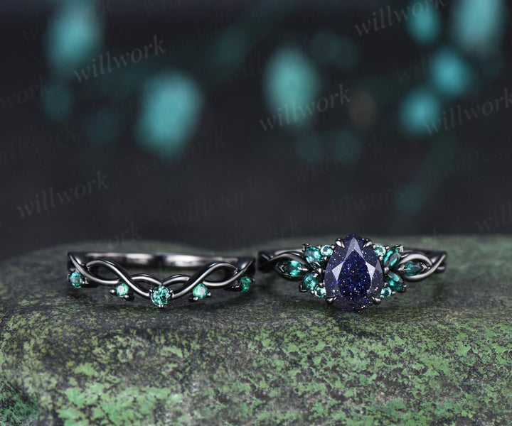 Pear cut blue sandstone engagement ring 14k black gold cluster emerald infinity bridal anniversary ring set gift for women silver
